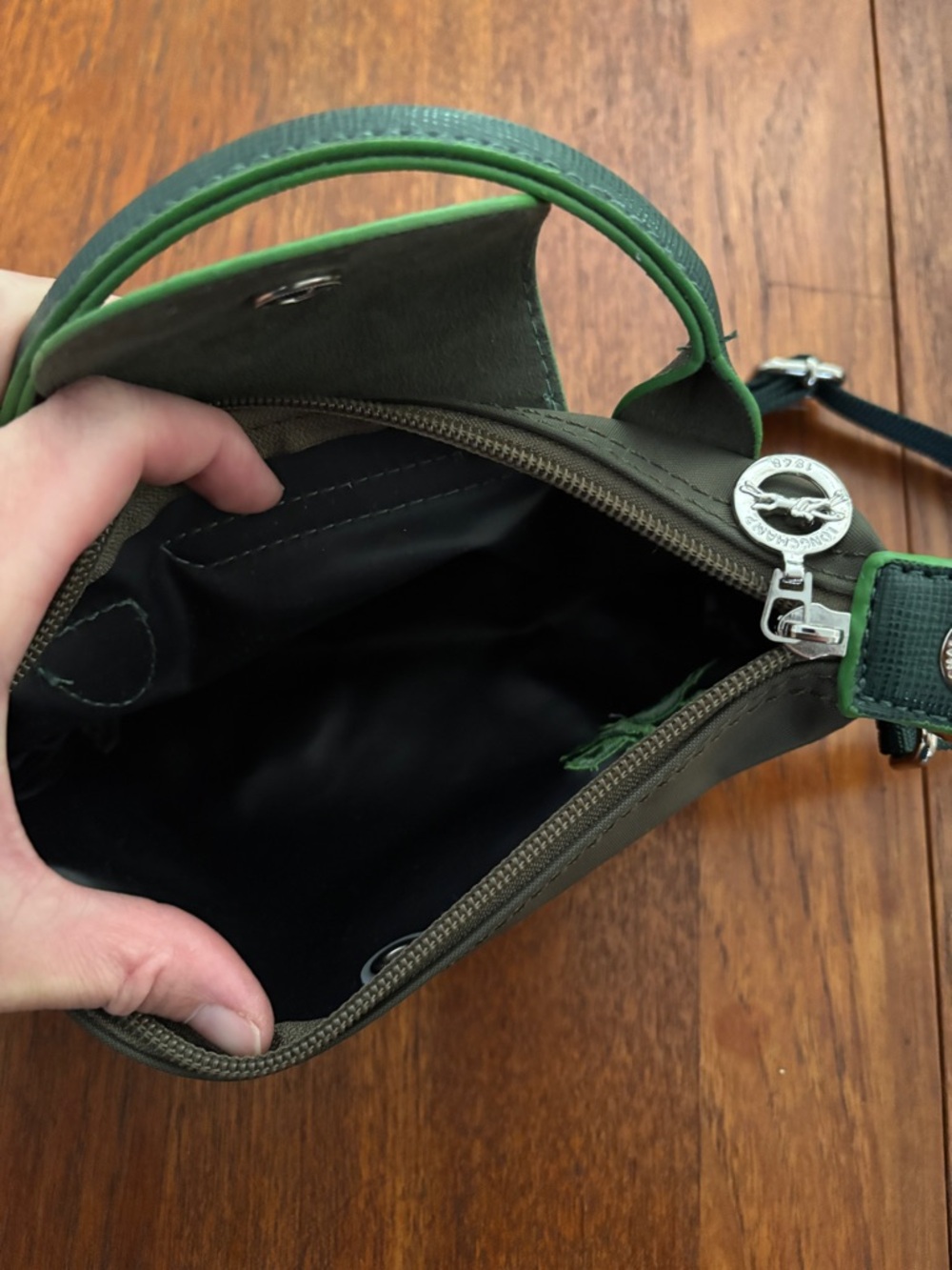 Longchamp Small Crossbody in Dark Green with Lime Accents - Picture 7 of 10